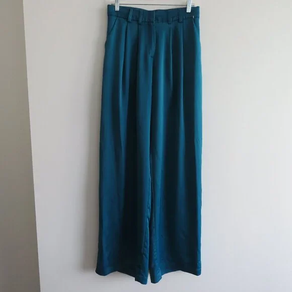 ZENA PRESLEY Teal Satin Palazzo Wide Leg Pants Drapey - Women's Size M - Picture 3 of 15